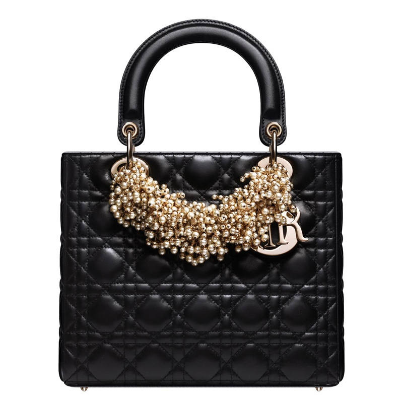 Black leather 'Lady Dior' bag and iridescent pearl necklace