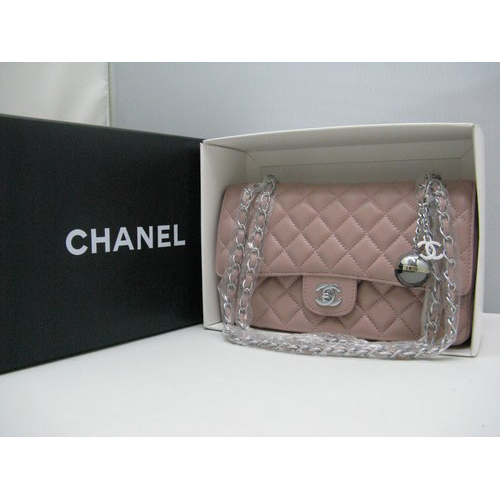 Chanel lambskin leather Pink Flap bag with Silver chain