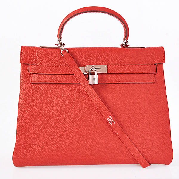 Hermes kelly 35CM clemence leather in Flamen with Silver hardware