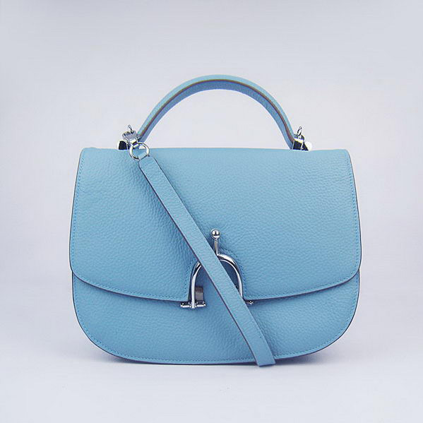 Hermes Stirrup Shoulder Bag Blue Calfskin Silver