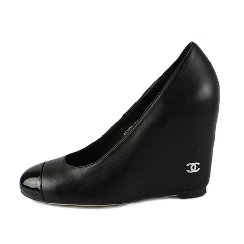 Chanel Black Leather Wedge Pump