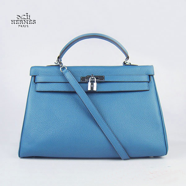 Hermes Kelly 35cm Togo Leather Bag Blue 6308 Silver Hardware