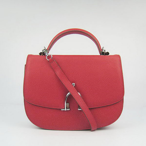 Hermes Stirrup Shoulder Bag Red Calfskin Silver