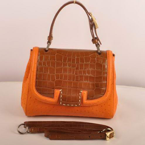 Fendi Silvana Croco-Ostrich Leather Flap Bag 2548 Brown-Orange