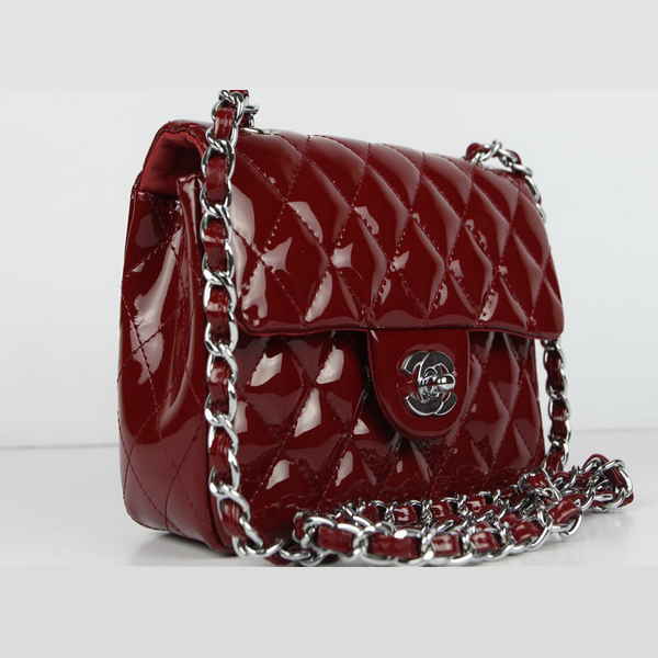 Chanel Flap Bag Maroon Patent Leather with Silver Chain 1115