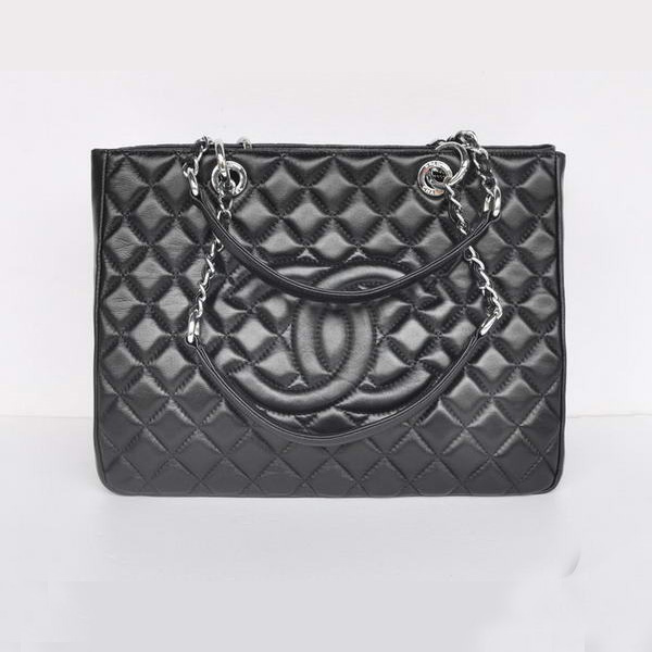 Chanel A50995 Black Sheepskin Leather Shoulder Bag Silver