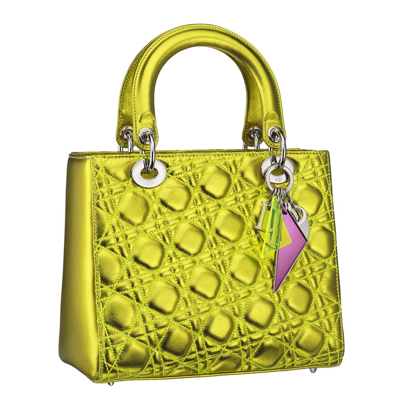 Metallic yellow leather 'Lady Dior' bag with 'Cannage' stitching