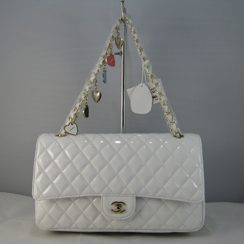 Chanel White Patent leather Flap Bag with Gold chain