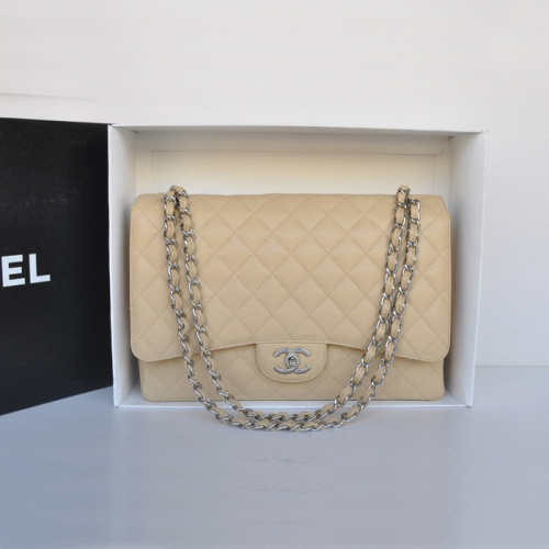 Classic Chanel Maxi Double Flaps Bag A36098 Apricot Original Caviar Leather Silver