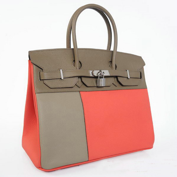 Hermes Birkin 35CM Light Red&Grey Clafskin Leather Tote Bag Silver