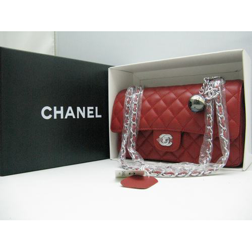 Chanel Caviar leather Red Flap bag with Silver chain