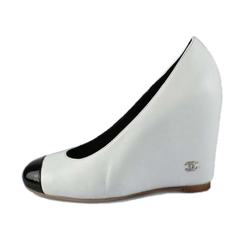 Chanel White Leather Wedge Pump