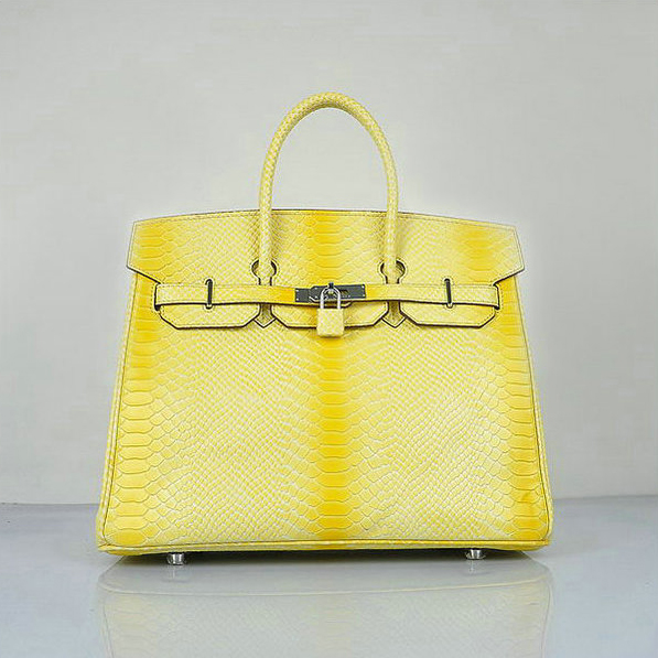 Hermes Birkin 35CM Lemon Snake Leather Tote Bag Silver