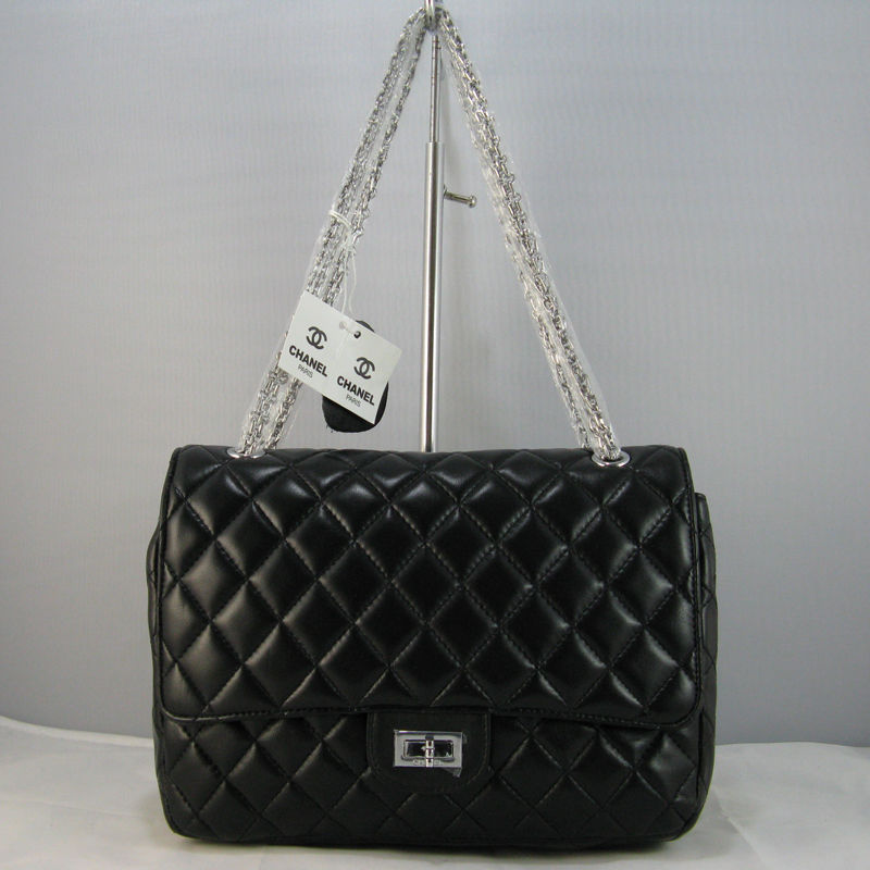 Chanel Black lambskin leather Flap Bag with Silver chain