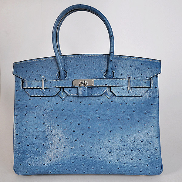 Hermes Birkin 35CM Medium Blue Ostrich stripes leather(Silver)