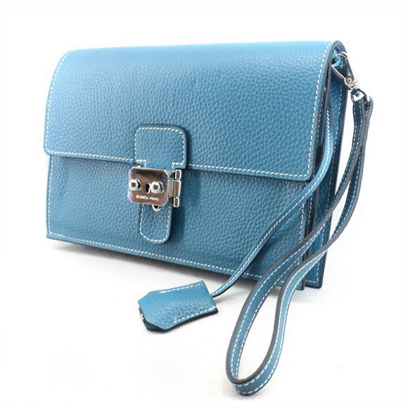 Hermes Jet Pochette Clutch Bag Clemence Leather Blue