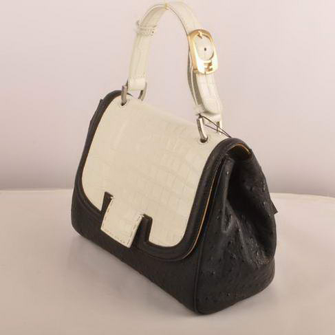 Fendi Silvana Croco-Ostrich Leather Flap Bag 2548 White-Black
