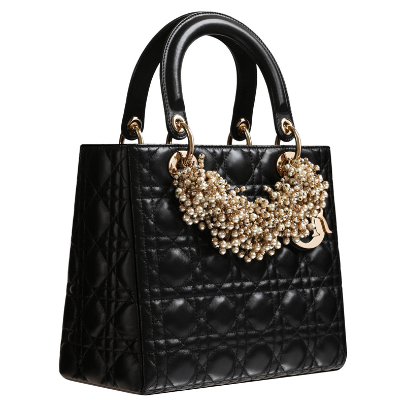 Black leather 'Lady Dior' bag and iridescent pearl necklace