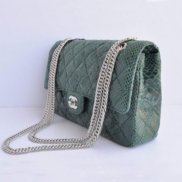 Chanel Green Snakeskin Leather Flap Bag Silver Hardware