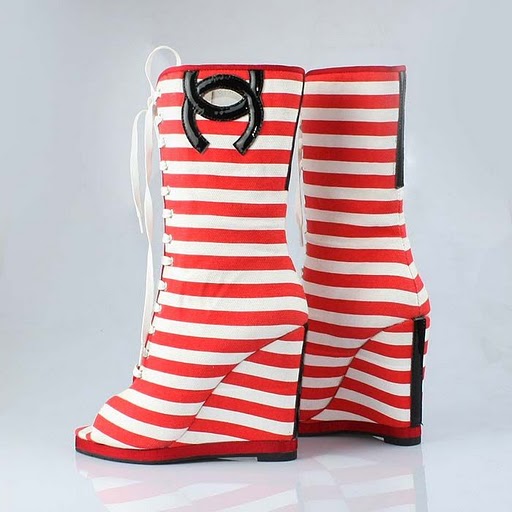 Chanel open toe stripe slipsole boots red