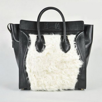 Celine Leather Handbag 98170 Black with Rabbit hair