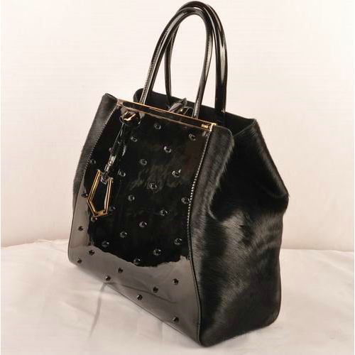 Fendi 2Jours Patent Leather Horsehair Tote Bag F2552L Black
