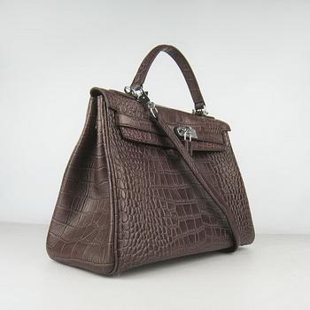 Hermes 32CM Dark Coffee Crocodile Stripe(silver)