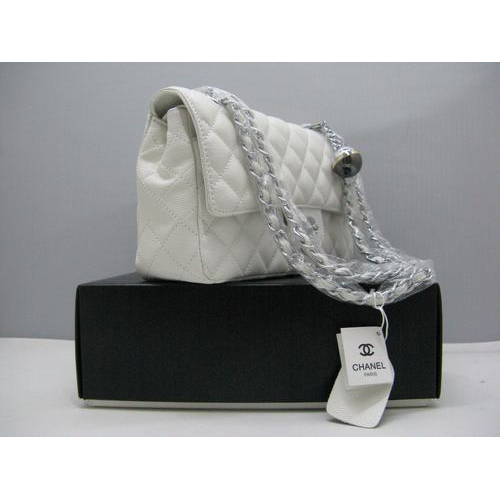 Chanel Caviar leather White Flap bag with Silver chain