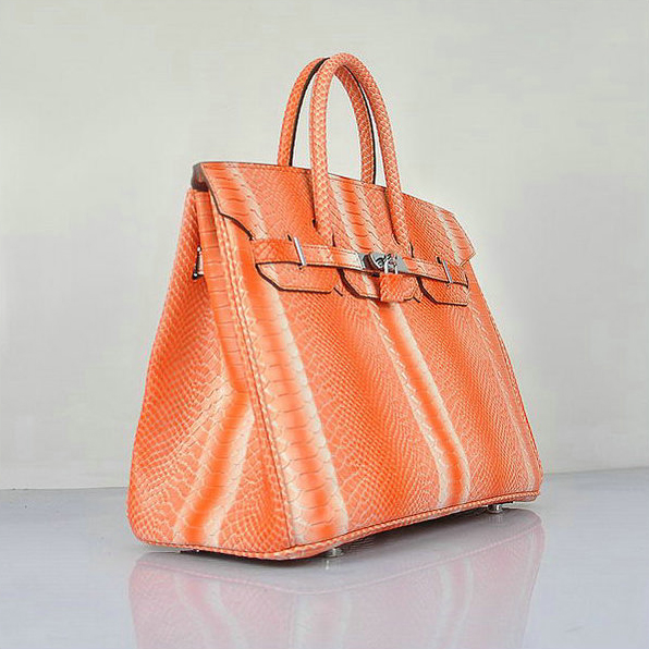 Hermes Birkin 35CM Orange Snake Leather Tote Bag Silver