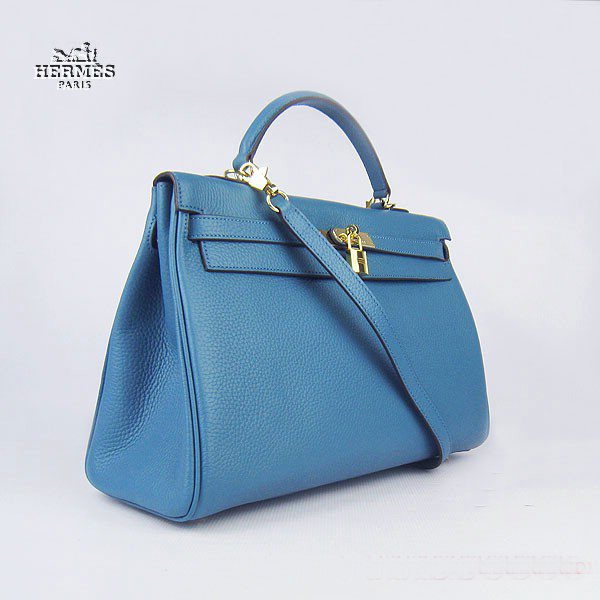 Hermes Kelly 35cm Togo Leather Bag Blue 6308 Gold Hardware