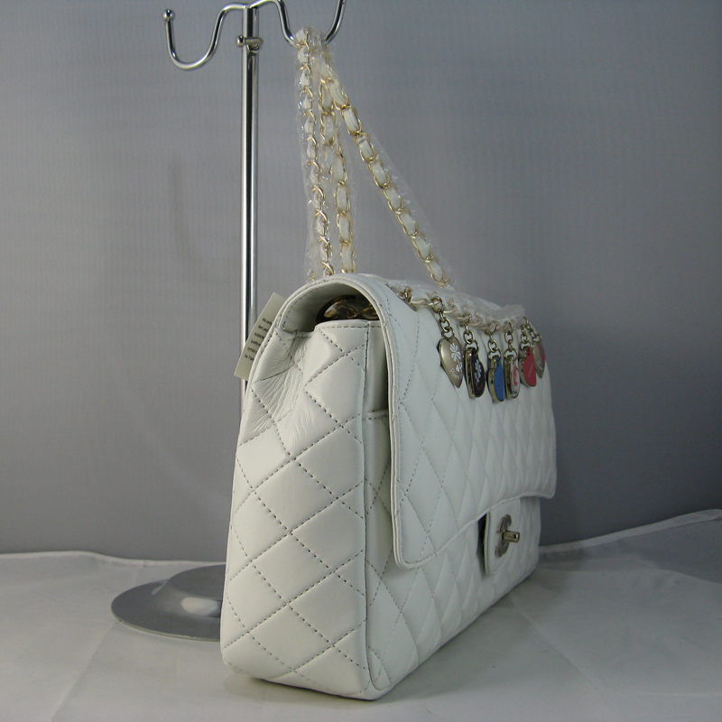 Chanel White lambskin leather Flap Bag with Gold chain