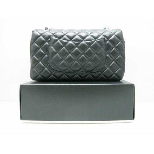 Chanel lambskin leather Black Flap bag with Silver chain