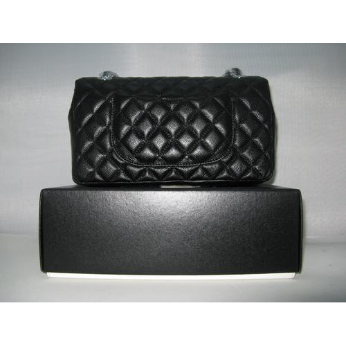 Chanel Caviar leather Black Flap bag with Silver chain