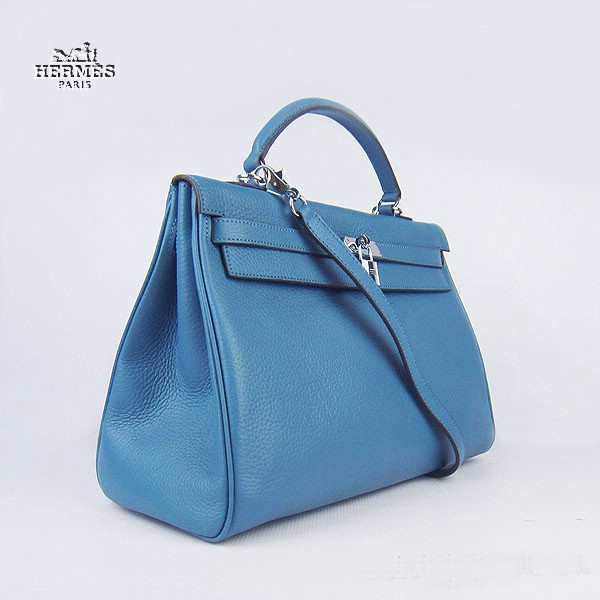 Hermes Kelly 35cm Togo Leather Bag Blue 6308 Silver Hardware