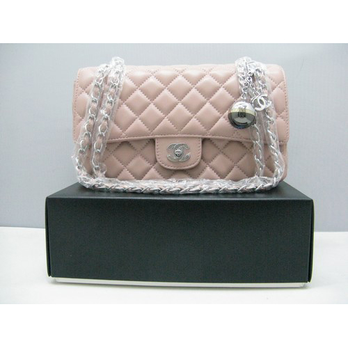 Chanel lambskin leather Pink Flap bag with Silver chain