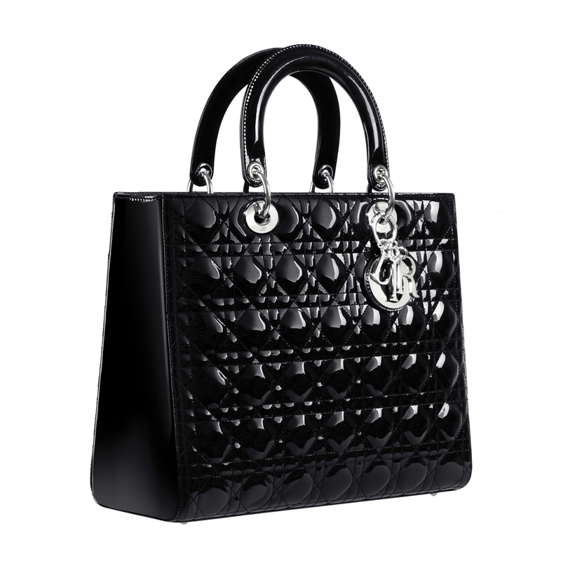 Large Lady Dior bag in black patent leather