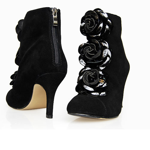 Chanel Red Suede Flower Design Ankle Boots