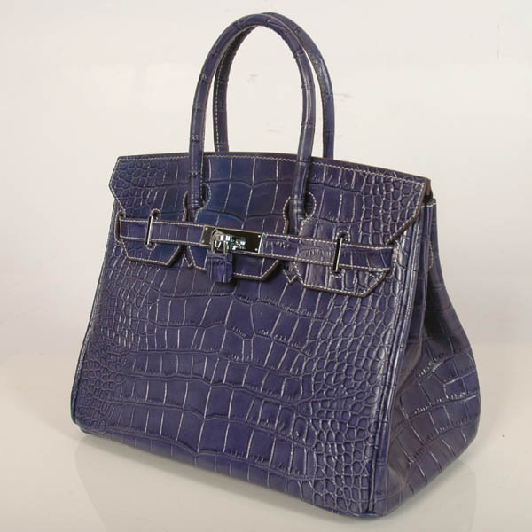 Hermes Birkin 30CM Crocodile stripes leather in Blue with Silver hardware