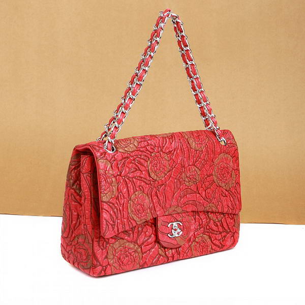 Chanel Rose Flap Bag 3706 Red Silver