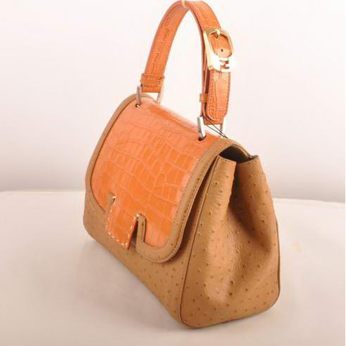 Fendi Silvana Croco-Ostrich Leather Flap Bag 2548 Orange-Tan