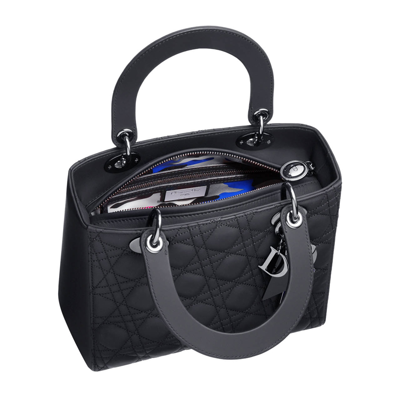 Black matt leather 'Lady Dior' bag with 'Cannage' stitching