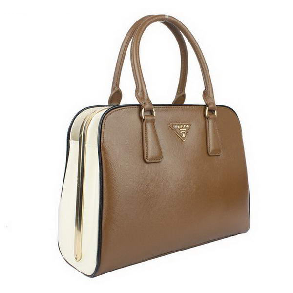 Prada Saffiano Leather Tote Bag 21267 Khaki&White