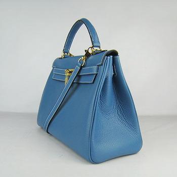 Hermes Kelly Handbags 32CM Middle Blue(gold)