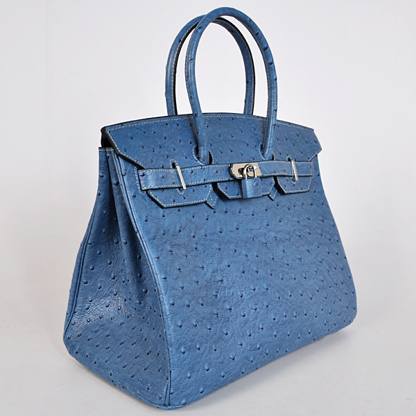 Hermes Birkin 35CM Medium Blue Ostrich stripes leather(Silver)