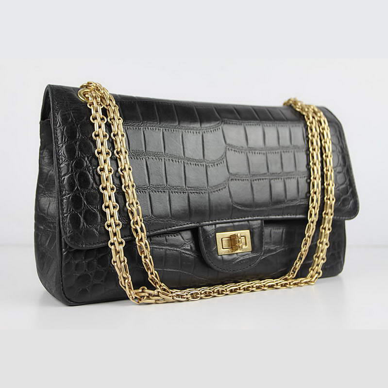 Chanel Classic Flap Bag A37587 Croco Veins Original Leather Black Golden