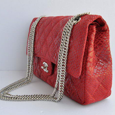 Chanel Red Snakeskin Leather Flap Bag Silver Hardware