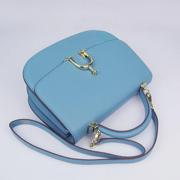 Hermes Stirrup Shoulder Bag Blue Calfskin Gold