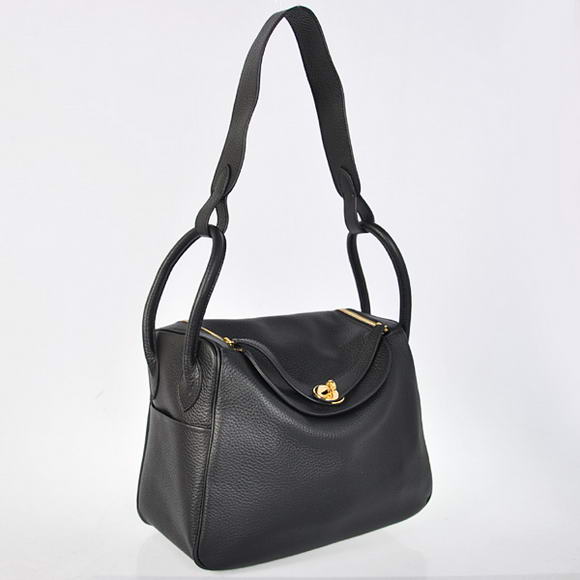 Hermes Lindy 30CM Havanne Handbags 1057 Black Leather Golden Hardware