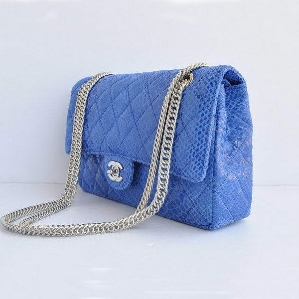 Chanel Blue Snakeskin Leather Flap Bag Silver Hardware