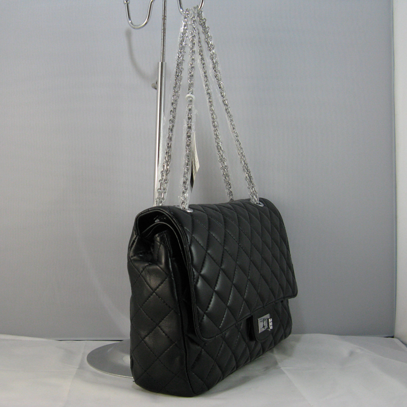 Chanel Black lambskin leather Flap Bag with Silver chain